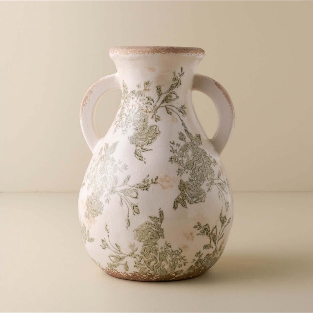 Distressed Floral Vase with Handles - Magnolia